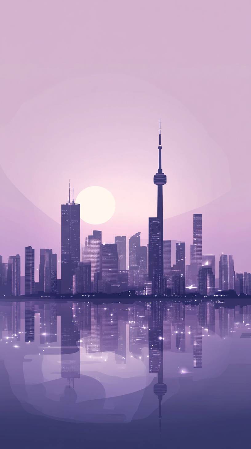 Minimalist city skyline, single stroke, muted purple hues, flat style