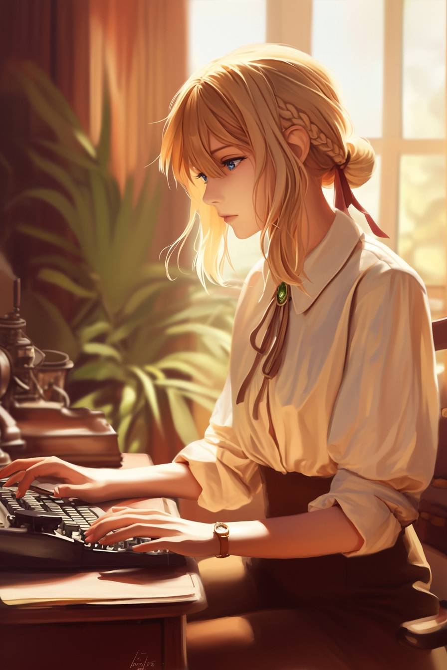 Violet Evergarden lleva puesta ropa casual refinada de Anne Hathaway, escribiendo en un escritorio vintage junto a la ventana con luz suave de la mañana.