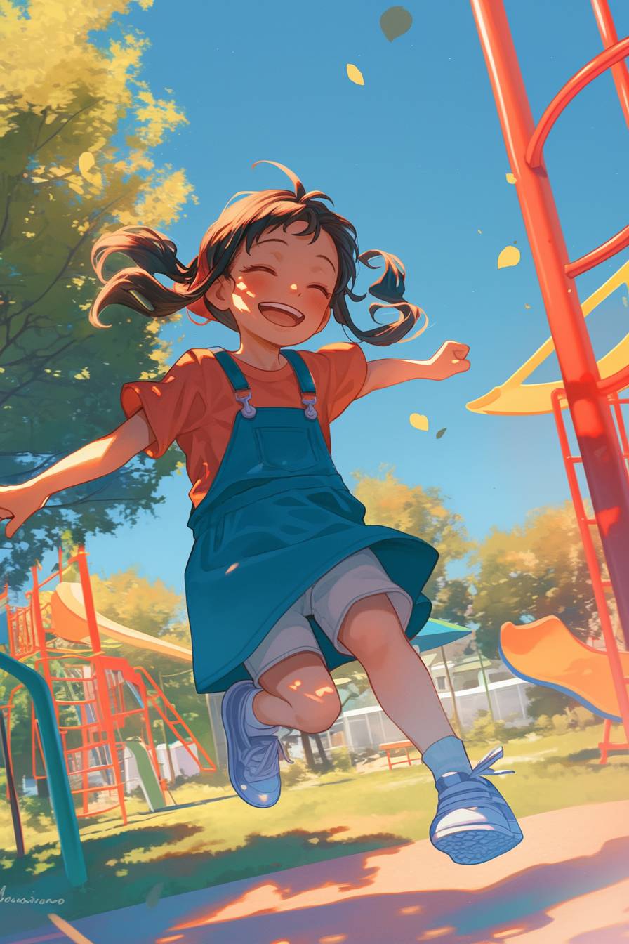 Anya Forger from Spy x Family is wearing Hailee Steinfeld's casual outfit, skipping through a colorful playground.