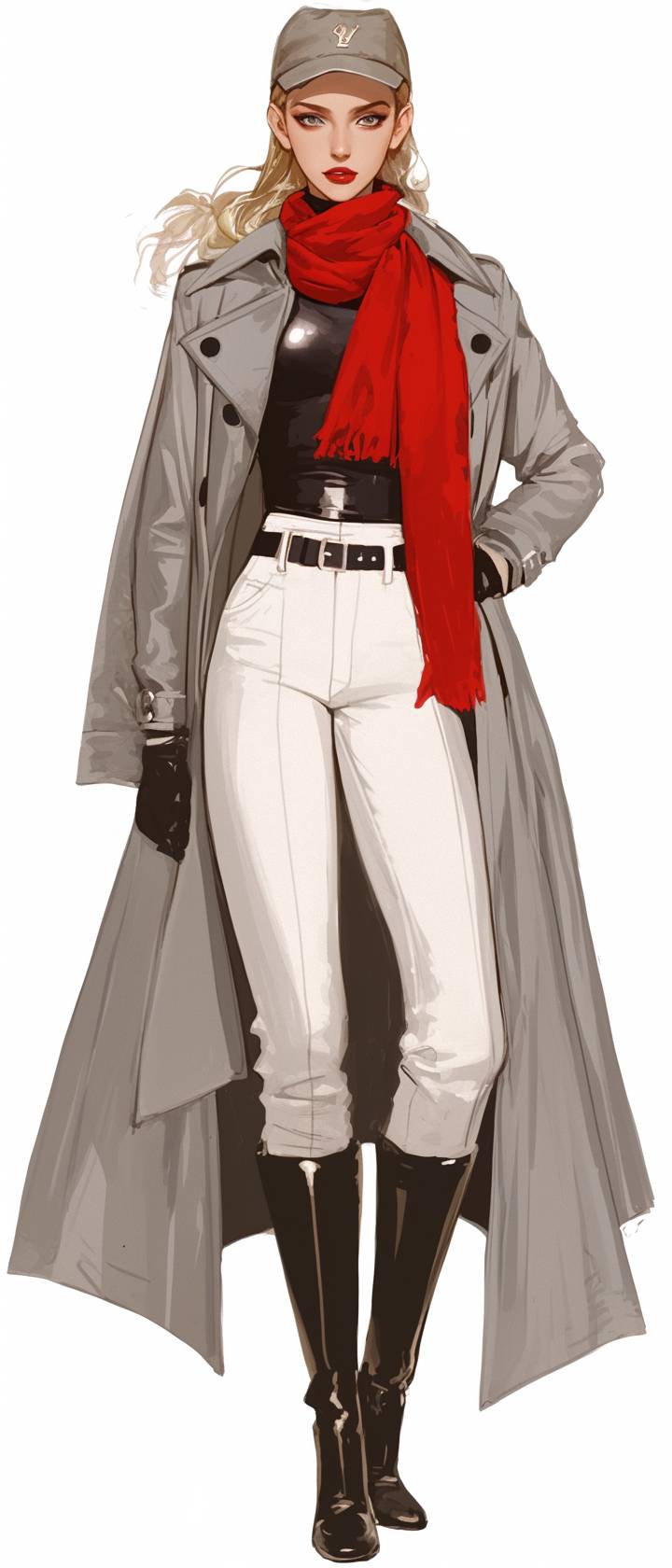 Gigi Hadid cosplaying as Mikasa Ackerman from Attack on Titan, wearing a gray Saint Laurent trench coat, red scarf, black bodysuit, white pants, and combat boots.