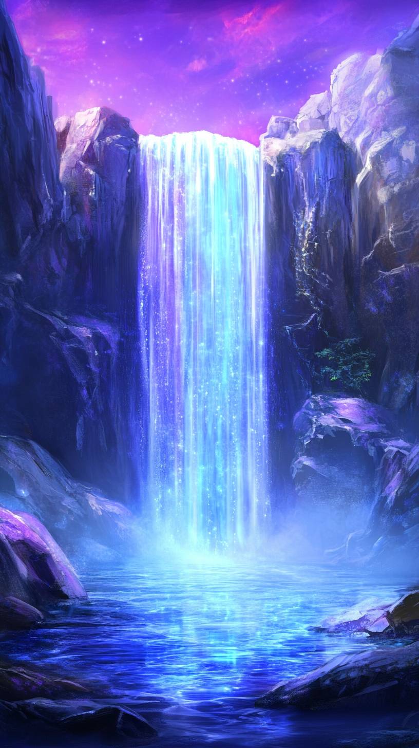 Ethereal waterfall cascading into a crystal pool