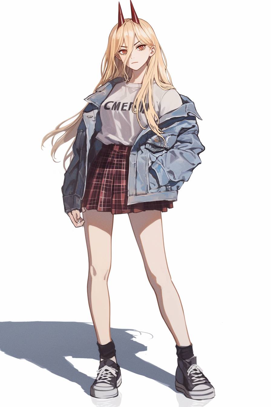 A cool anime-style character inspired by Power from Chainsaw Man with blonde hair, wearing a distressed denim jacket, plaid skirt, and sneakers against a minimalist off-white backdrop.