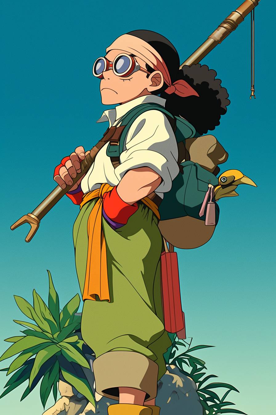 Jonah Hill als Usopp aus One Piece verkleidet, trägt ein grünes Outfit mit einem Schleuder in einem lebhaften Anime-Stil in einem tropischen Dschungel.