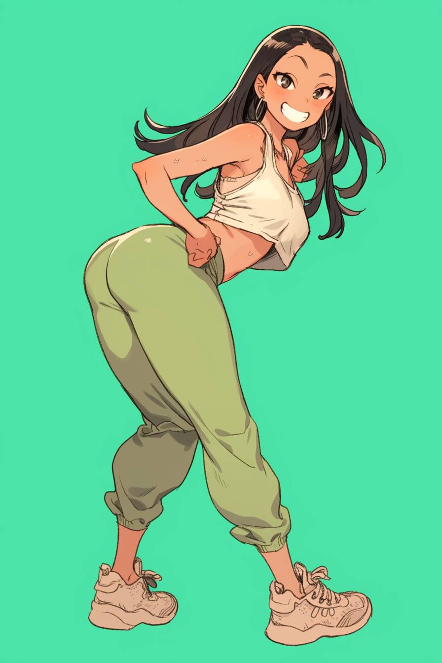 Ein eigenwilliger Anime-Charakter, inspiriert von Nagatoro, mit gebräunter Haut und dunklem Haar, der in einem sportlichen Tanktop, Jogginghosen und klobigen Turnschuhen verspielt vor einem mintgrünen Hintergrund steht.