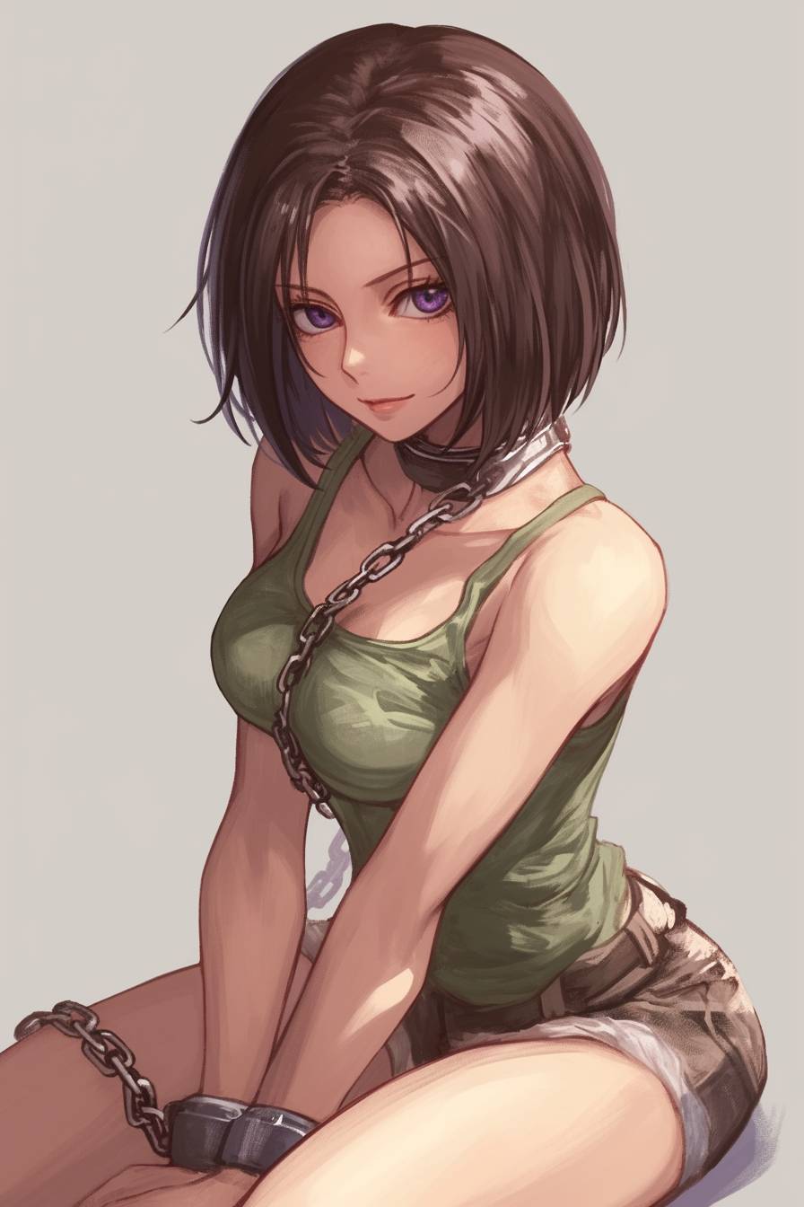 A beautiful Revy in shorts and tank top, with light purple eyes and a bob cut, wearing chains around her neck.