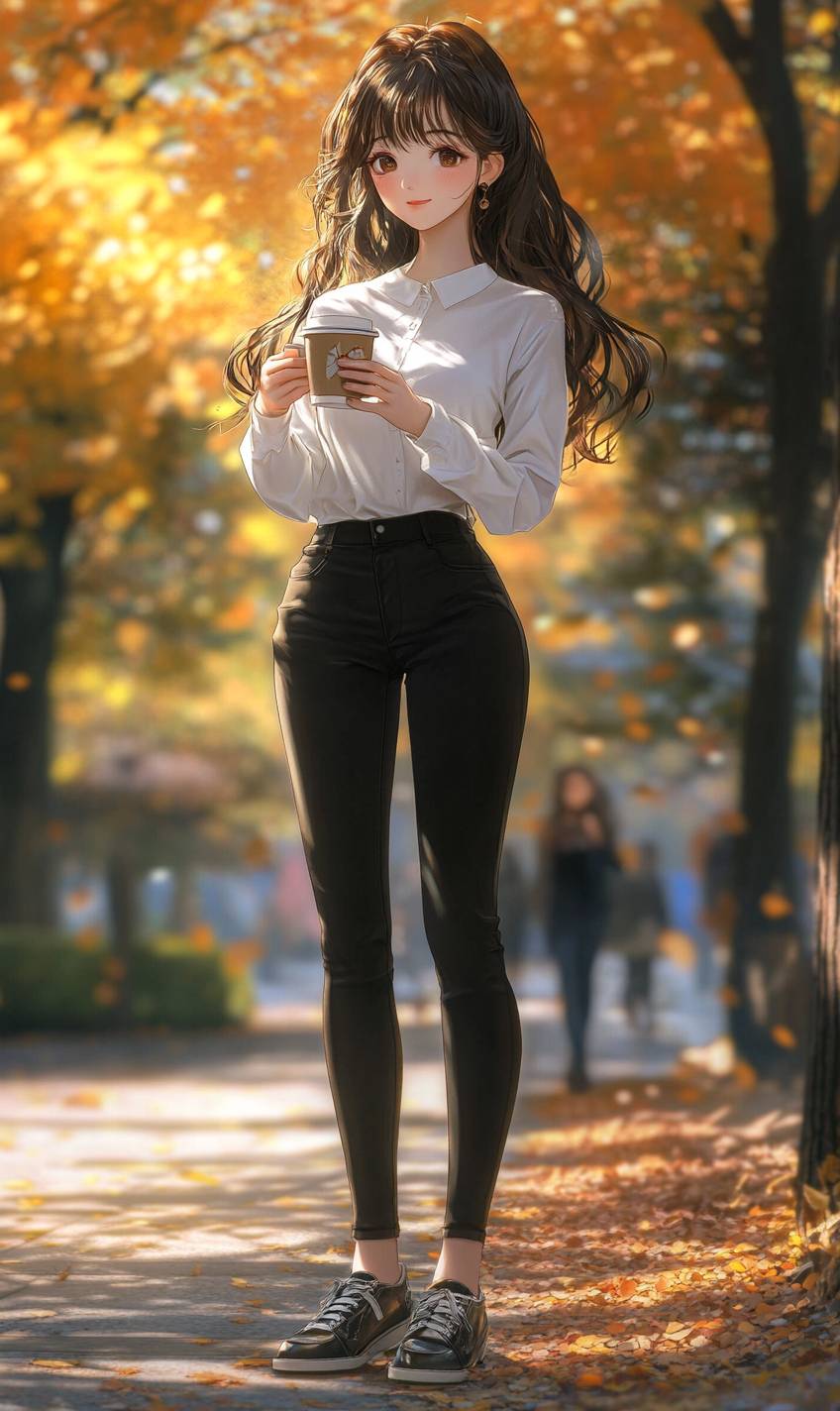 Une élégante fille d'anime dans une simple chemise blanche et un pantalon noir skinny, tenant une tasse de café dans un parc d'automne.