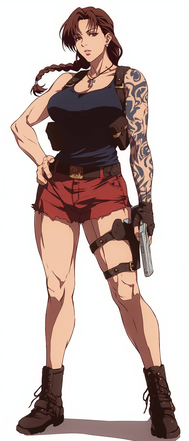 Bella Hadid cosplaying as Revy from Black Lagoon, wearing a Saint Laurent black tank top and red mini shorts.