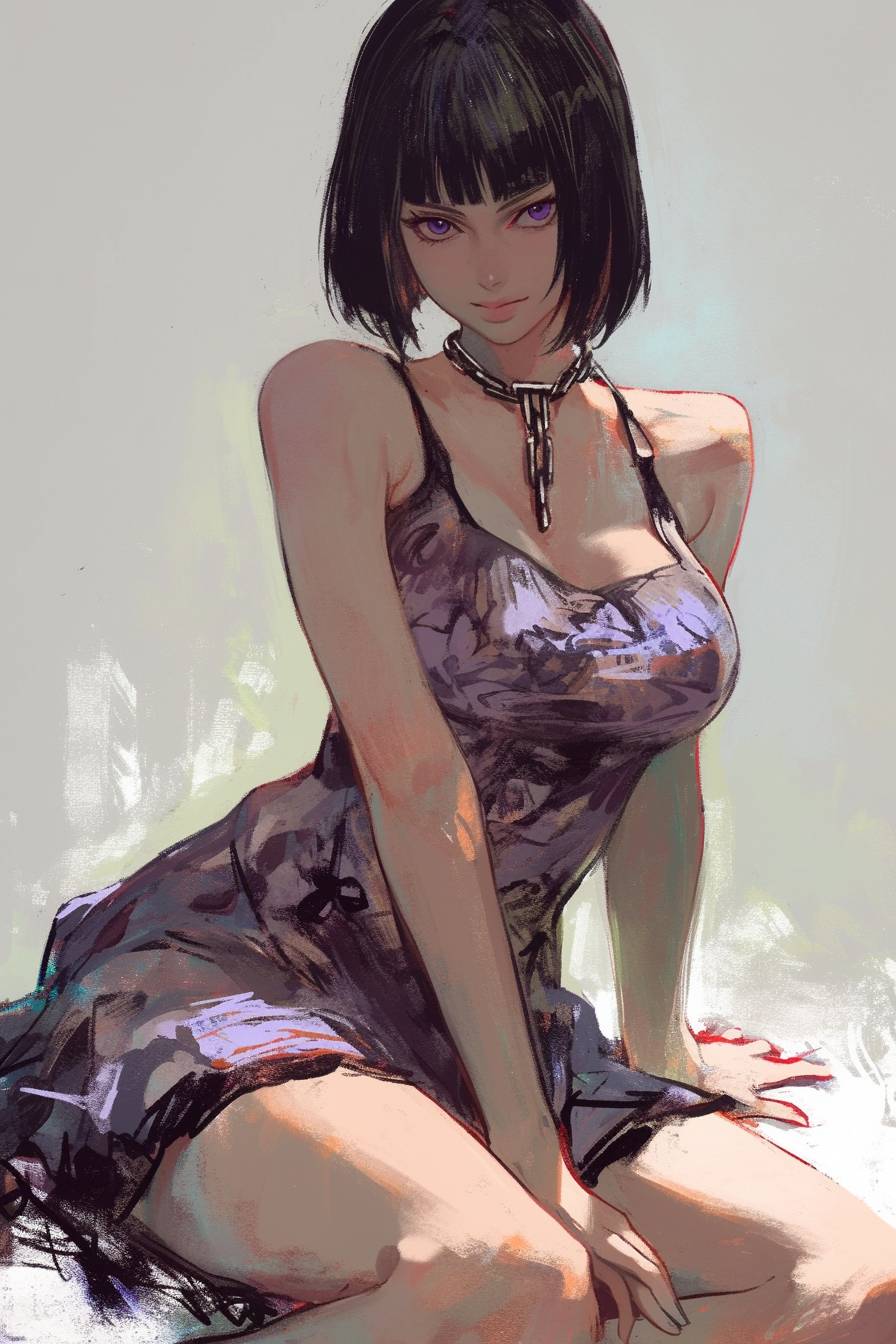 A beautiful Nico Robin in a short sundress, sitting with chains around her neck, against a grey background.