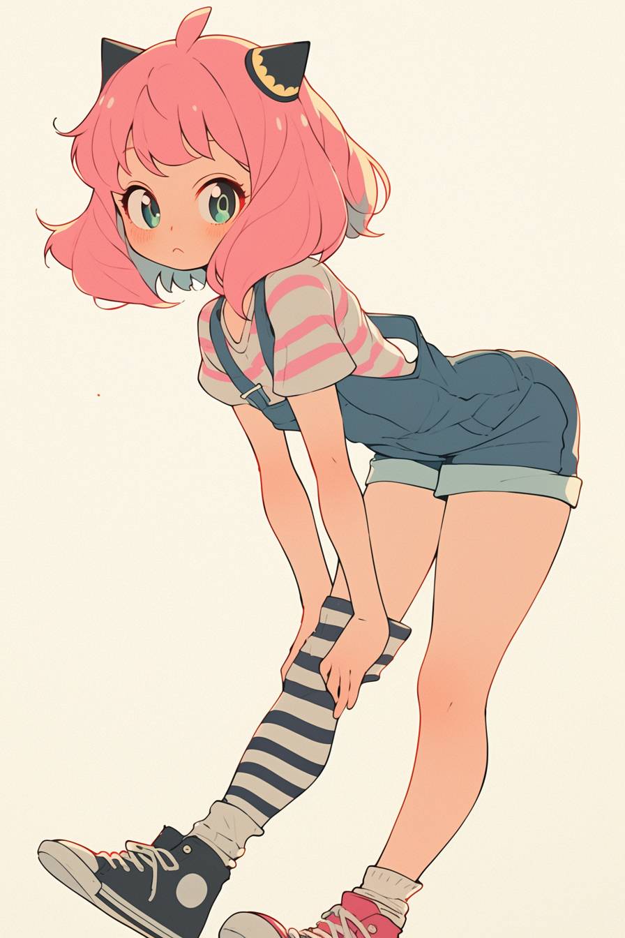 A playful anime female character resembling Anya Forger from Spy x Family, wearing a denim overall dress, striped crop top, and canvas sneakers against a simple cream background.