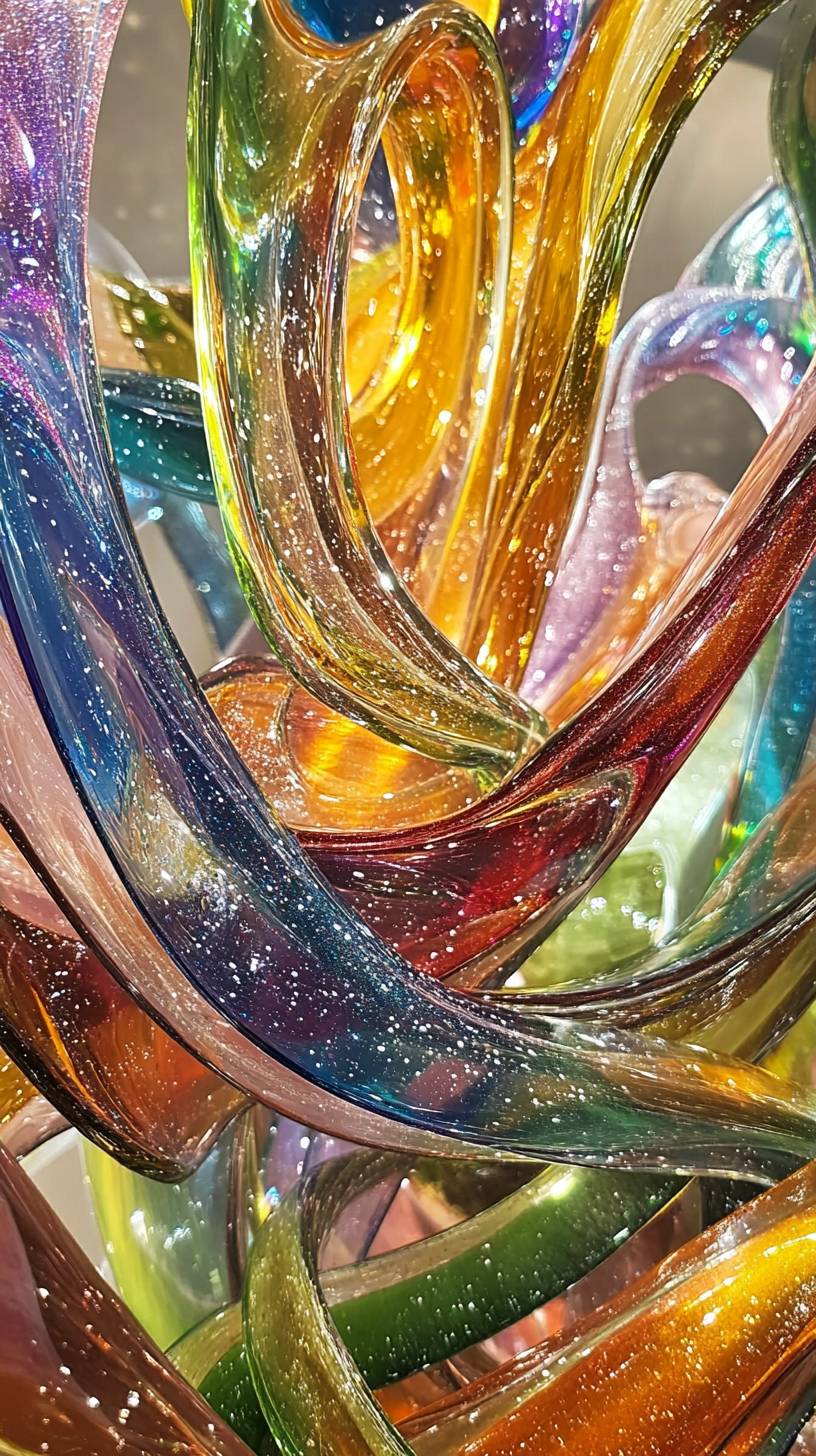 An abstract labyrinth of molten glass ribbons twisting through a starry abyss radiant with prismatic light.