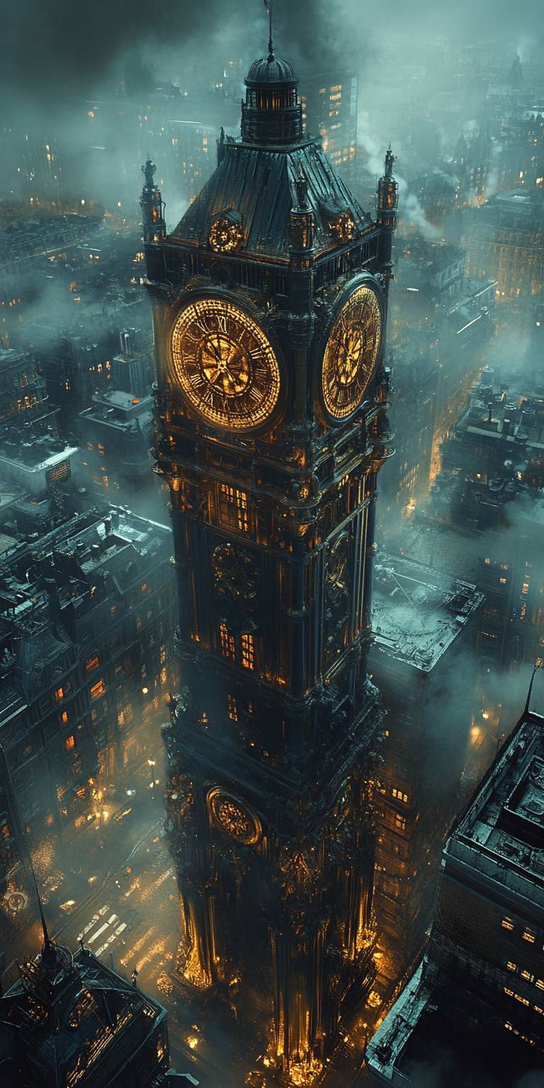 Uma torre de relógio steampunk em uma cidade nevoenta, com latão e engrenagens, iluminação cinematográfica.