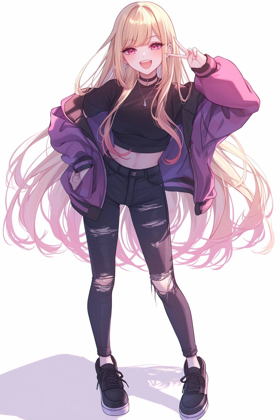 Un personaje femenino de estilo anime inspirado en Marin Kitagawa de My Dress-Up Darling, con cabello rubio largo, chaqueta bomber recortada, jeans ajustados rasgados y zapatillas gruesas, posando con energía sobre un fondo blanco liso.