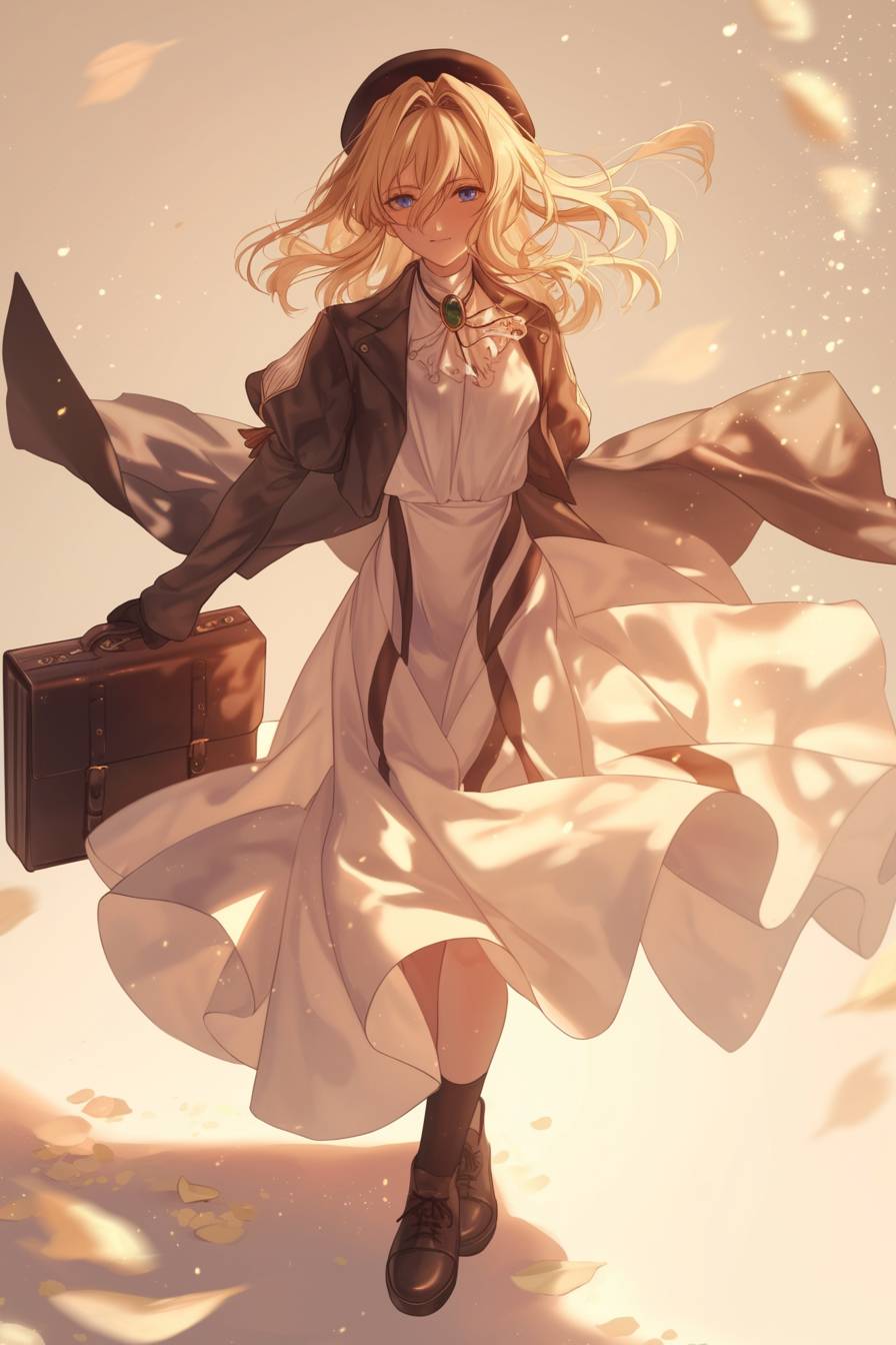 Eine majestätische Anime-Figur, die Violet Evergarden ähnelt, mit blonden Haaren in einem maßgeschneiderten Mantelkleid, Sneakers und einem Barett, elegant vor einem sauberen Elfenbein-Hintergrund posierend.