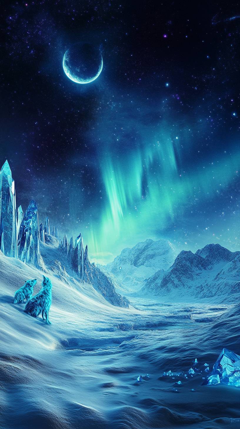 Crystalline wolves howl at a moon made of shattered diamonds under an aurora borealis on a frozen tundra.