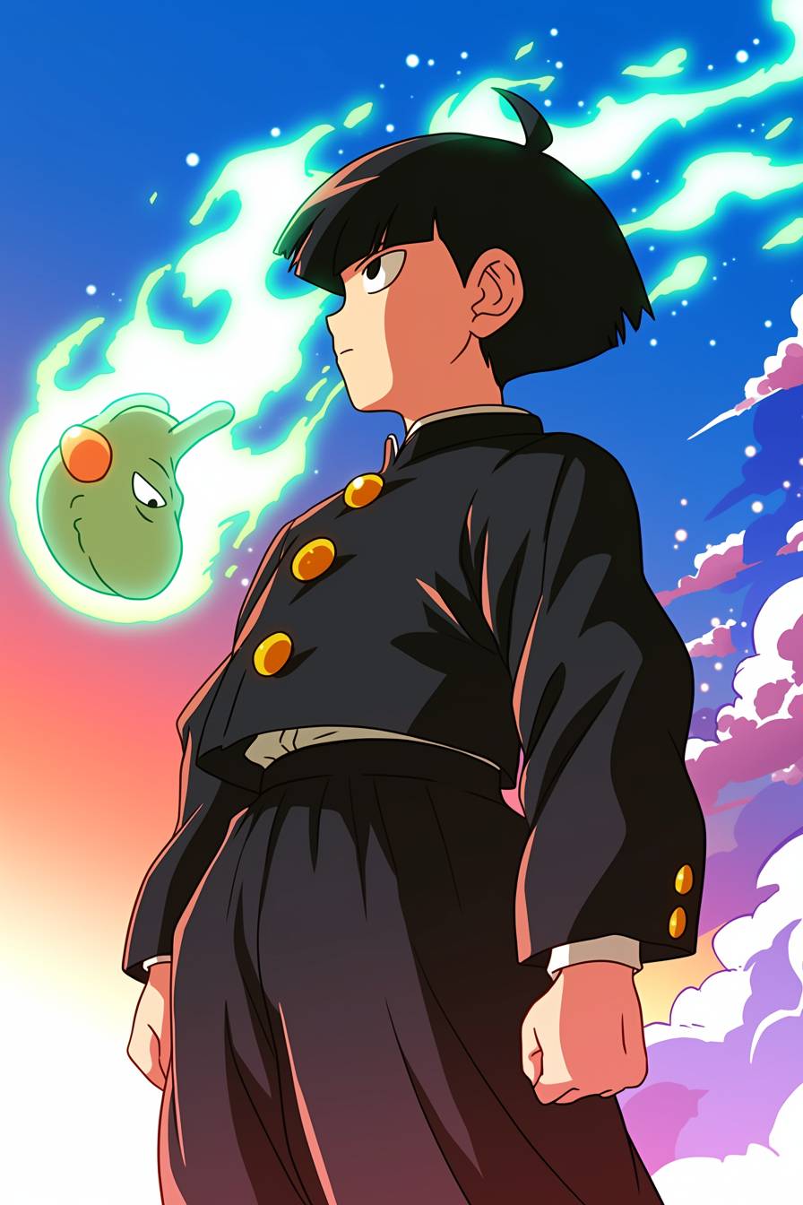 Paul Rudd vestindo cosplay de Mob de Mob Psycho 100 em um uniforme escolar, com energia psíquica girando em um cenário urbano, estilo anime vibrante.