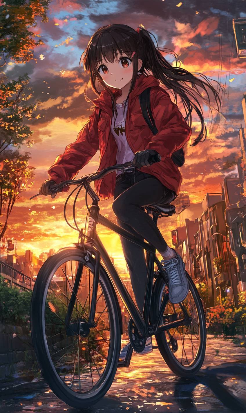 魅力的なアニメの女の子が赤いジャケットと黒いジーンズを着て、自転車に乗って暖かい夕日の川沿いの街のシーン。