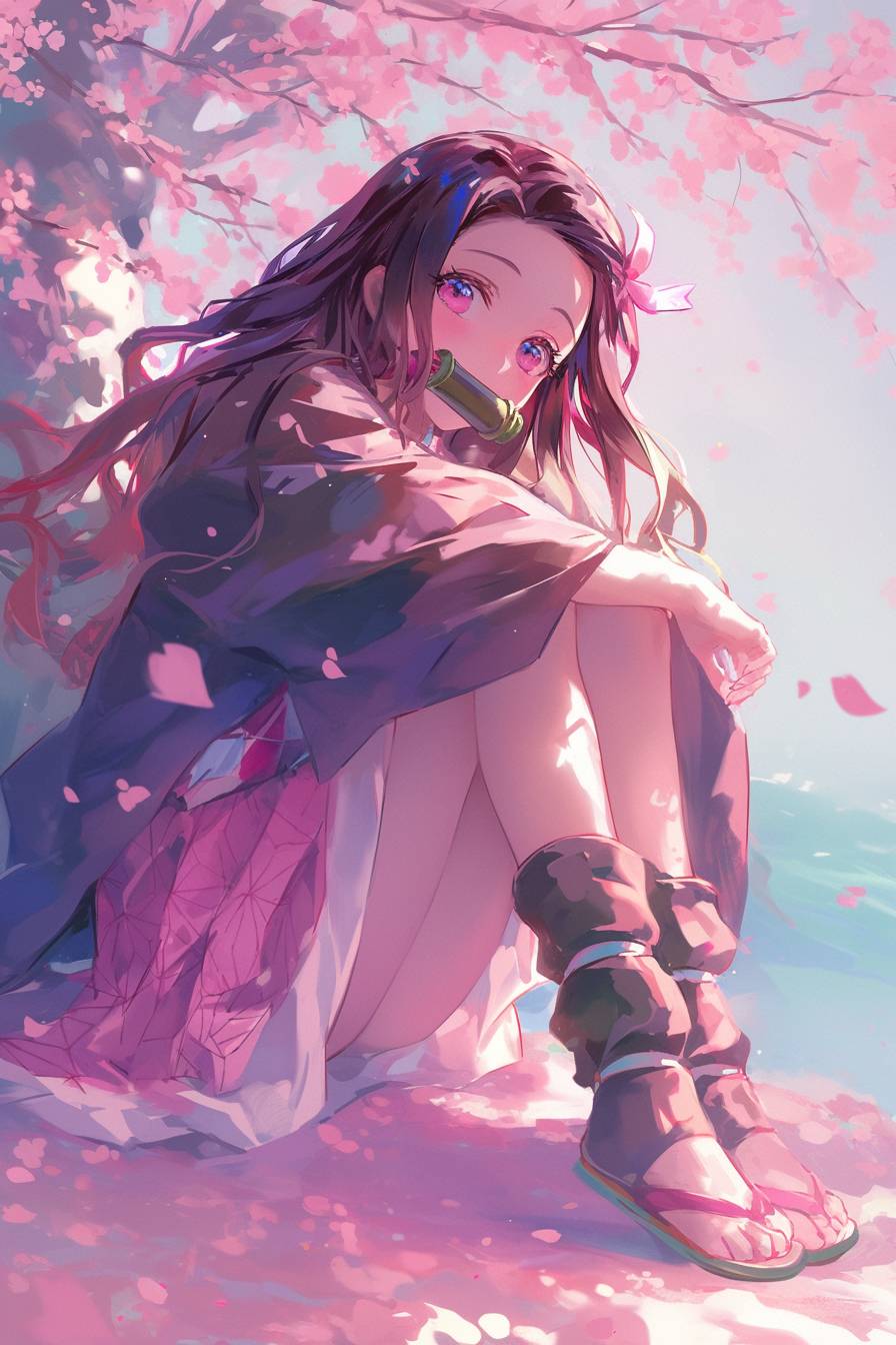 Nezuko from Demon Slayer is wearing Lily Collins’ soft style, sitting under a cherry blossom tree with pink petals falling.