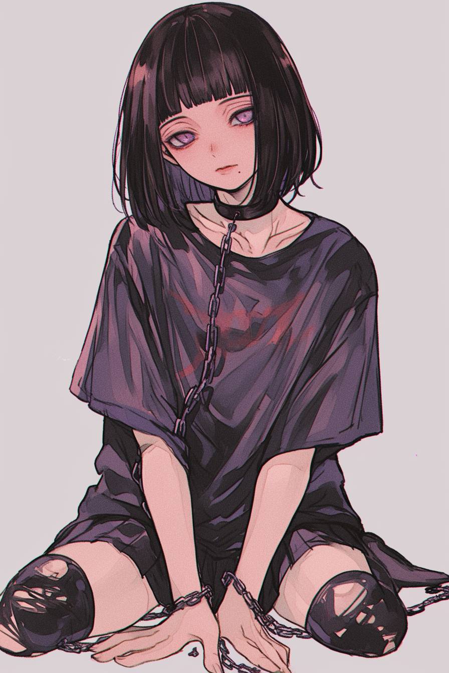 A beautiful Nezuko Kamado wearing a long skirt and T-shirt, with light purple eyes and a bob cut, sitting with chains around her neck, against a grey background.