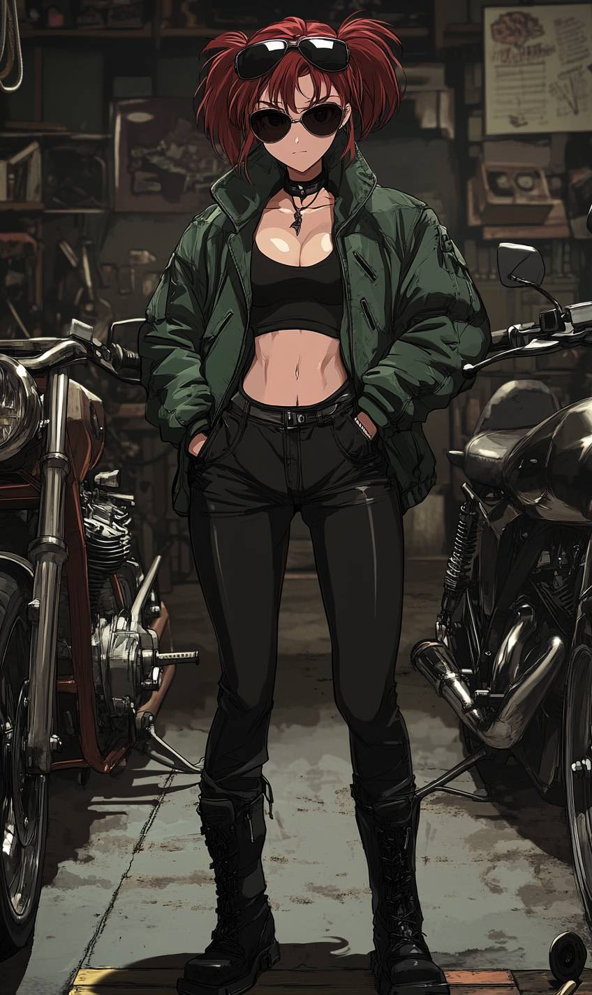 Une fille d'anime badass avec des cheveux raides courts teints en rouge, portant un parka vert foncé et un pantalon en cuir noir dans un garage de motos.