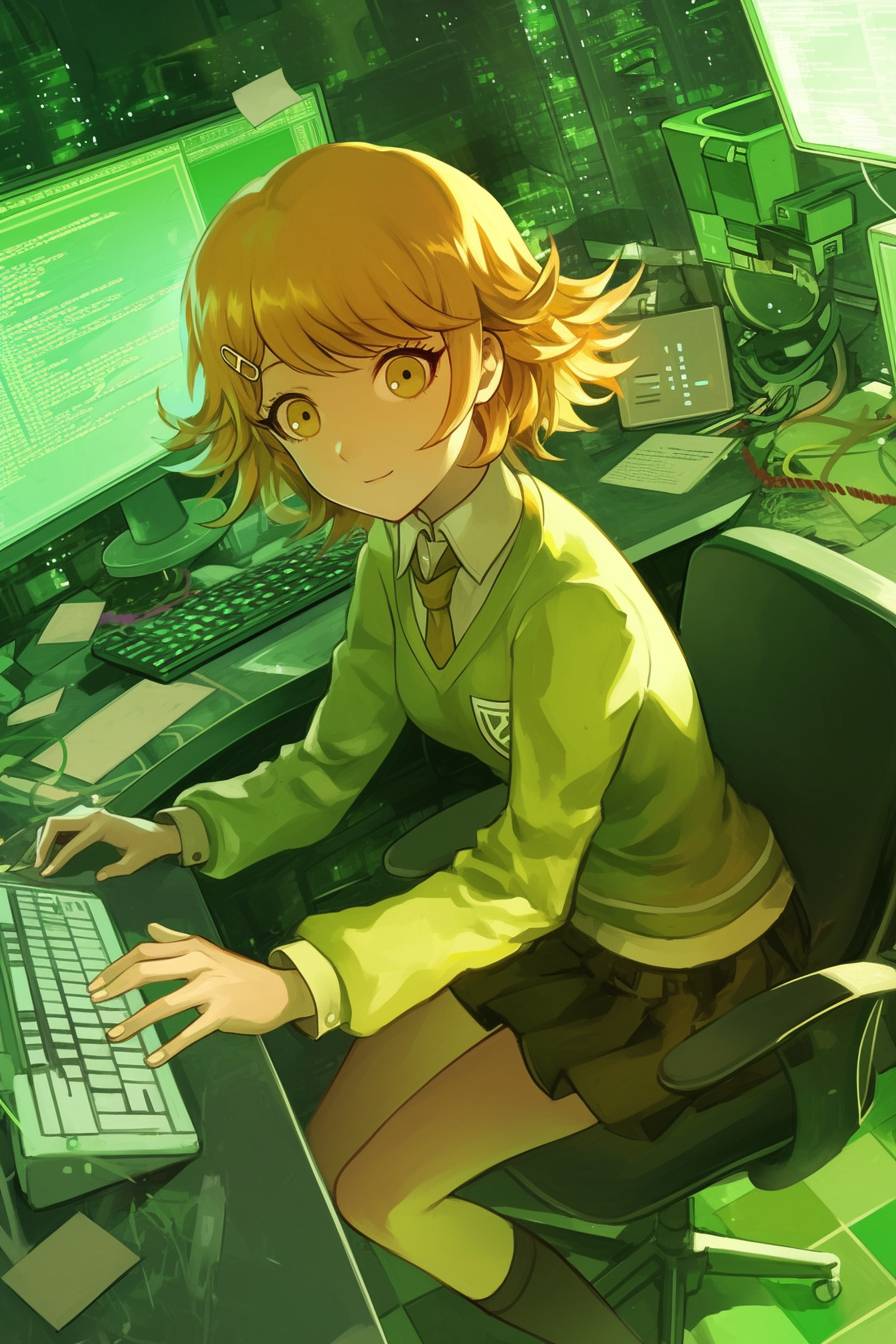 Chihiro Fujisaki from Danganronpa wearing Natalie Portman’s refined look, coding in a quiet tech room.