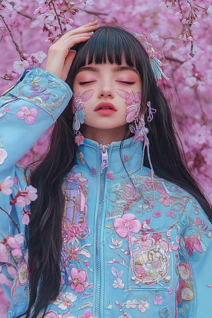 Selena Gomez cosplaying as Hinata Hyuga from Naruto, wearing a lavender jacket with a shy expression in a cherry blossom garden.