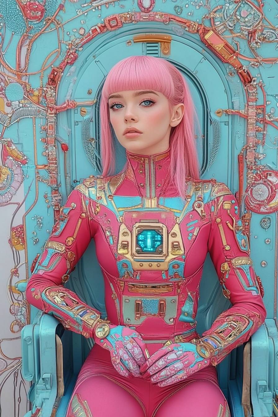 Margot Robbie fazendo cosplay de Zero Two de Darling in the Franxx, usando um macacão vermelho e cabelo rosa, estilo anime vibrante.