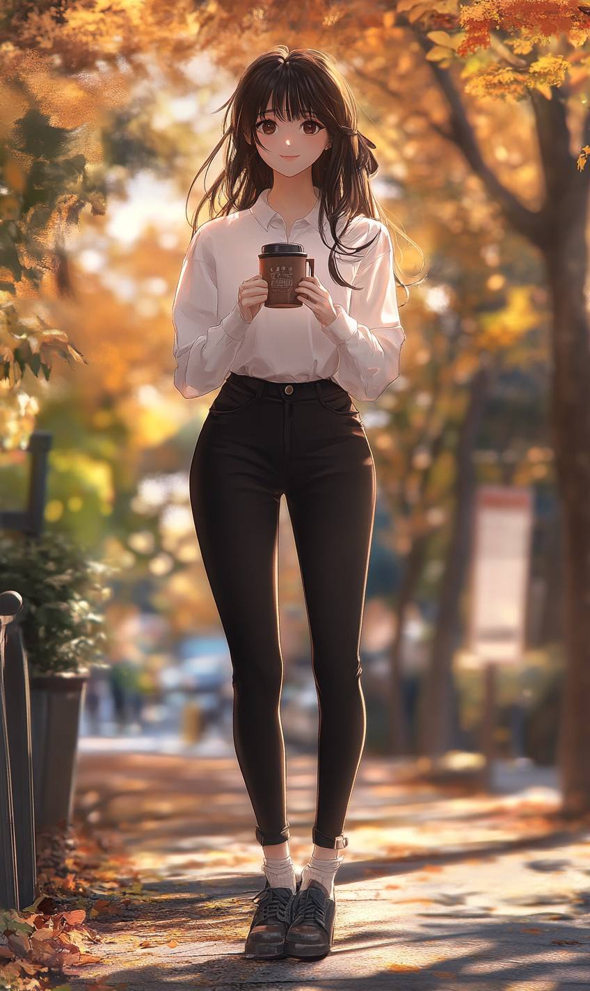 An elegant anime girl in a simple white shirt and black skinny pants, holding a coffee cup in an autumn park.