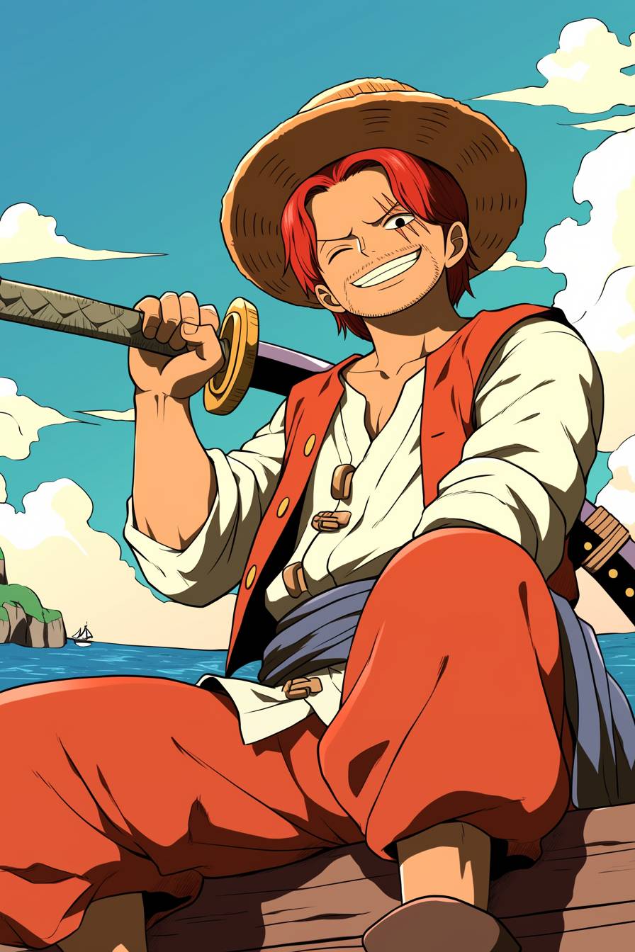 James McAvoy disfrazado de Shanks de One Piece, con un chaleco rojo y sombrero de paja, sosteniendo una espada, con un fondo de mar tranquilo.