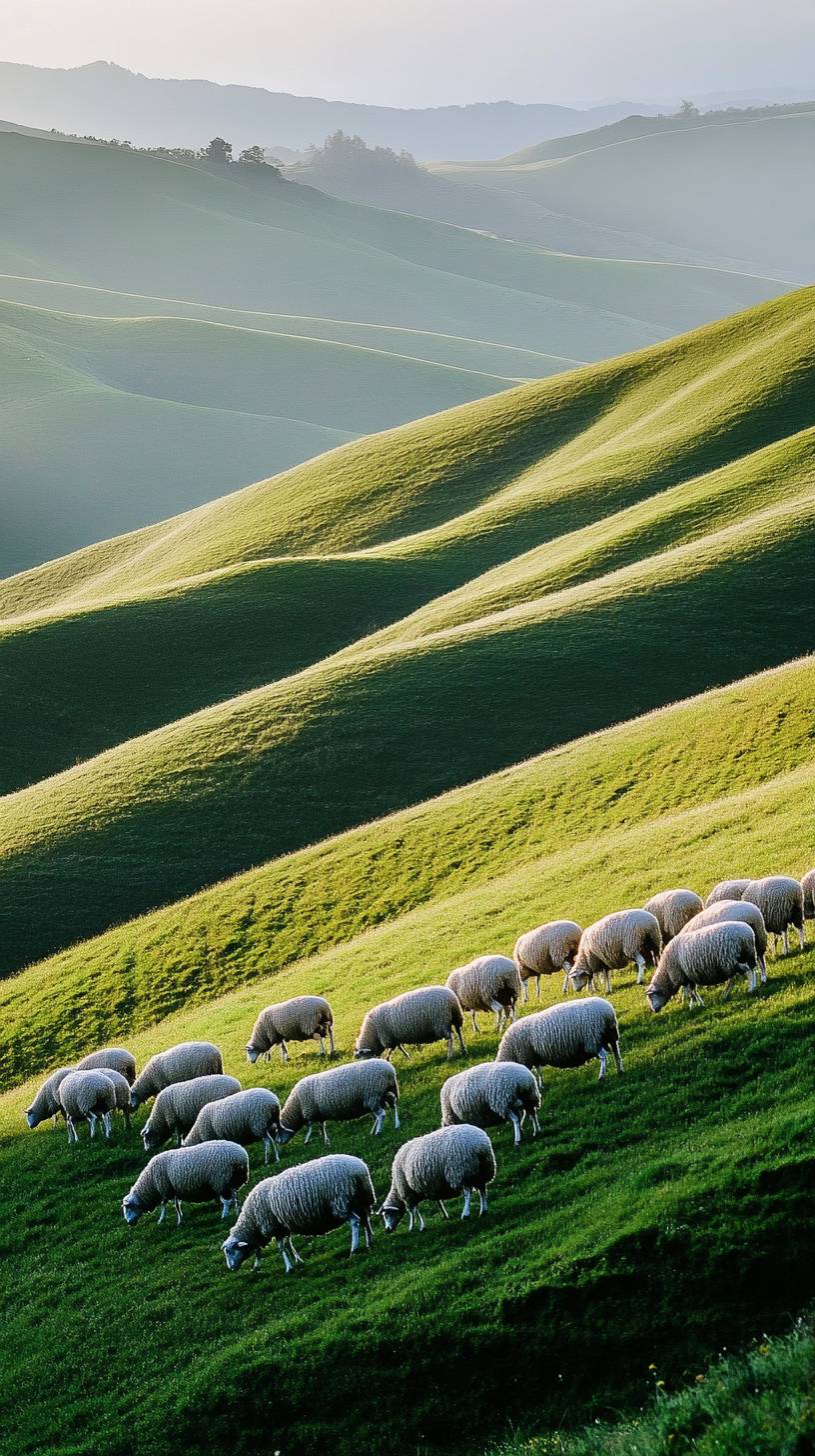 Douces collines vallonnées avec des moutons paissant à l'aube.