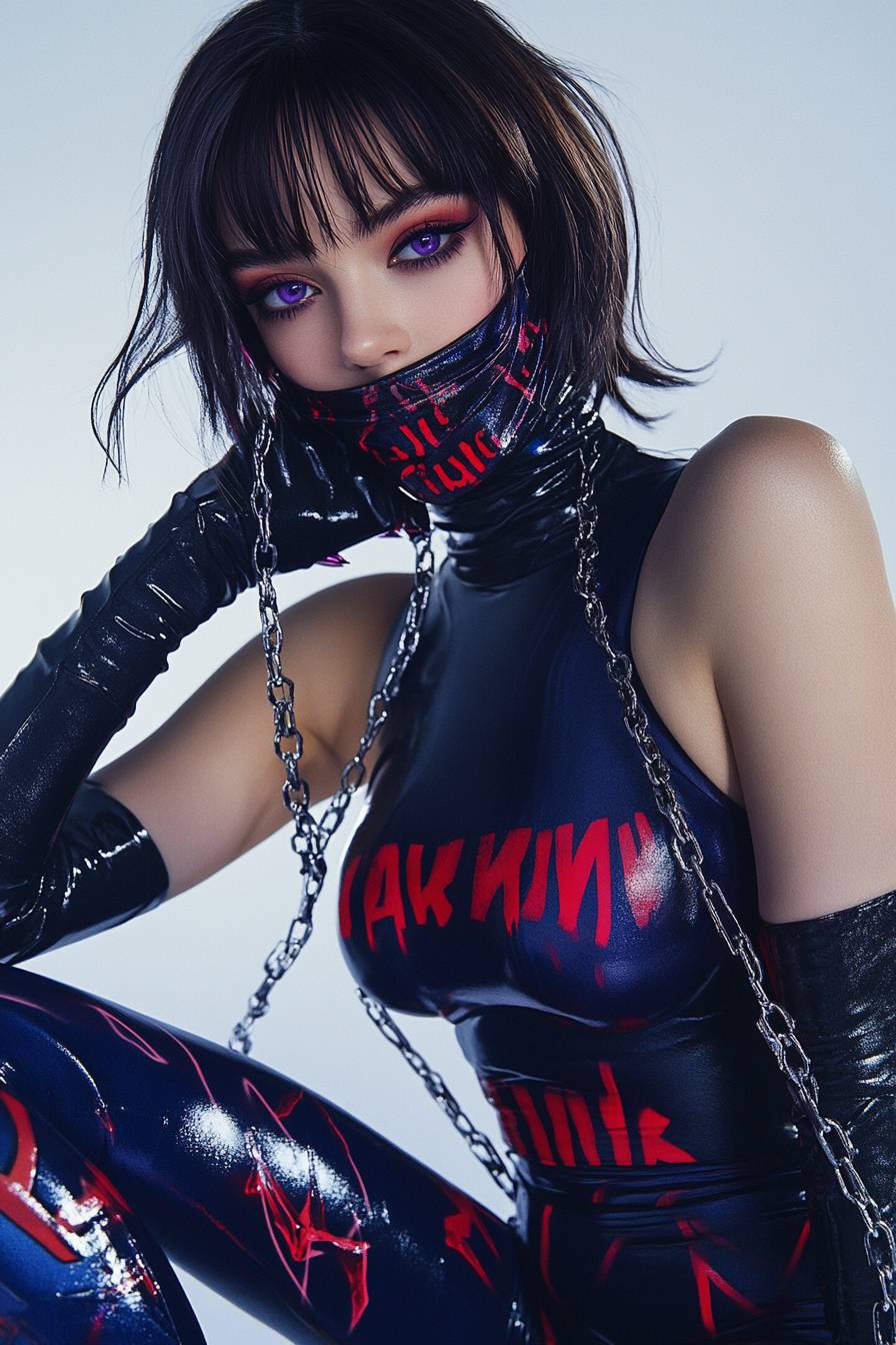 Hailee Steinfeld porte un élégant bodysuit noir et bleu avec des textes rouges.