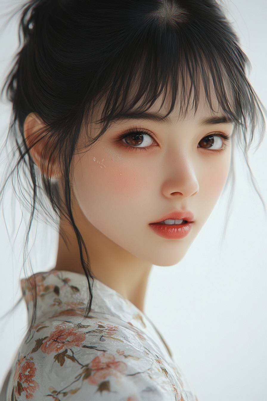 A young Chinese girl in modern-inspired traditional attire exhibits a soft, melancholic expression, showcasing emotional depth.