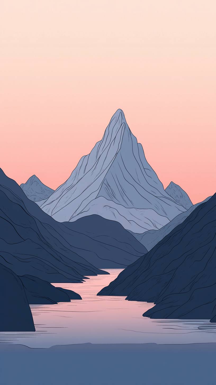 Clean mountain outlines, flat dusk colors, minimalist hand-drawn style, serene vibe