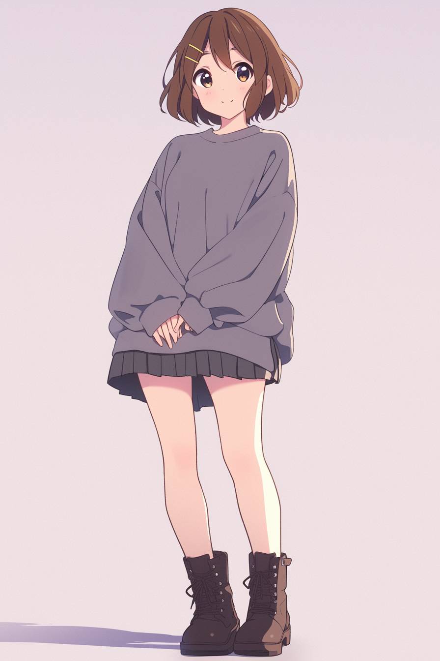 Eine ruhige Anime-Figur mit kurzen braunen Haaren, die einen lockeren Pullover, einen Faltenrock und Knöchelstiefel trägt und sanft vor einem schlichten lavendelfarbenen Hintergrund posiert.