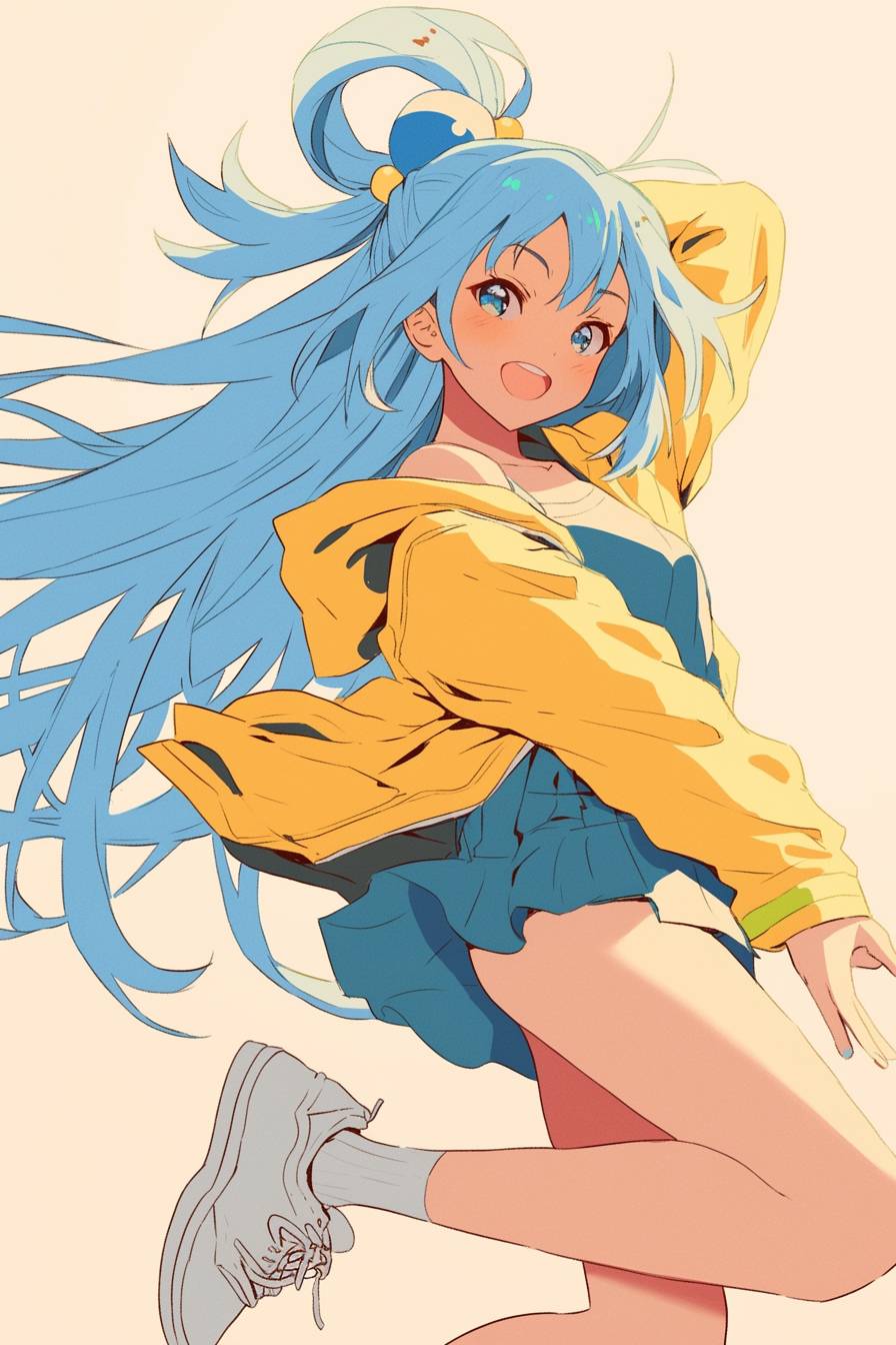 Uma personagem feminina de anime excêntrica inspirada em Aqua de Konosuba, com cabelo azul longo, vestido fluido, jaqueta bomber e tênis, posando de forma divertida contra um fundo amarelo claro.