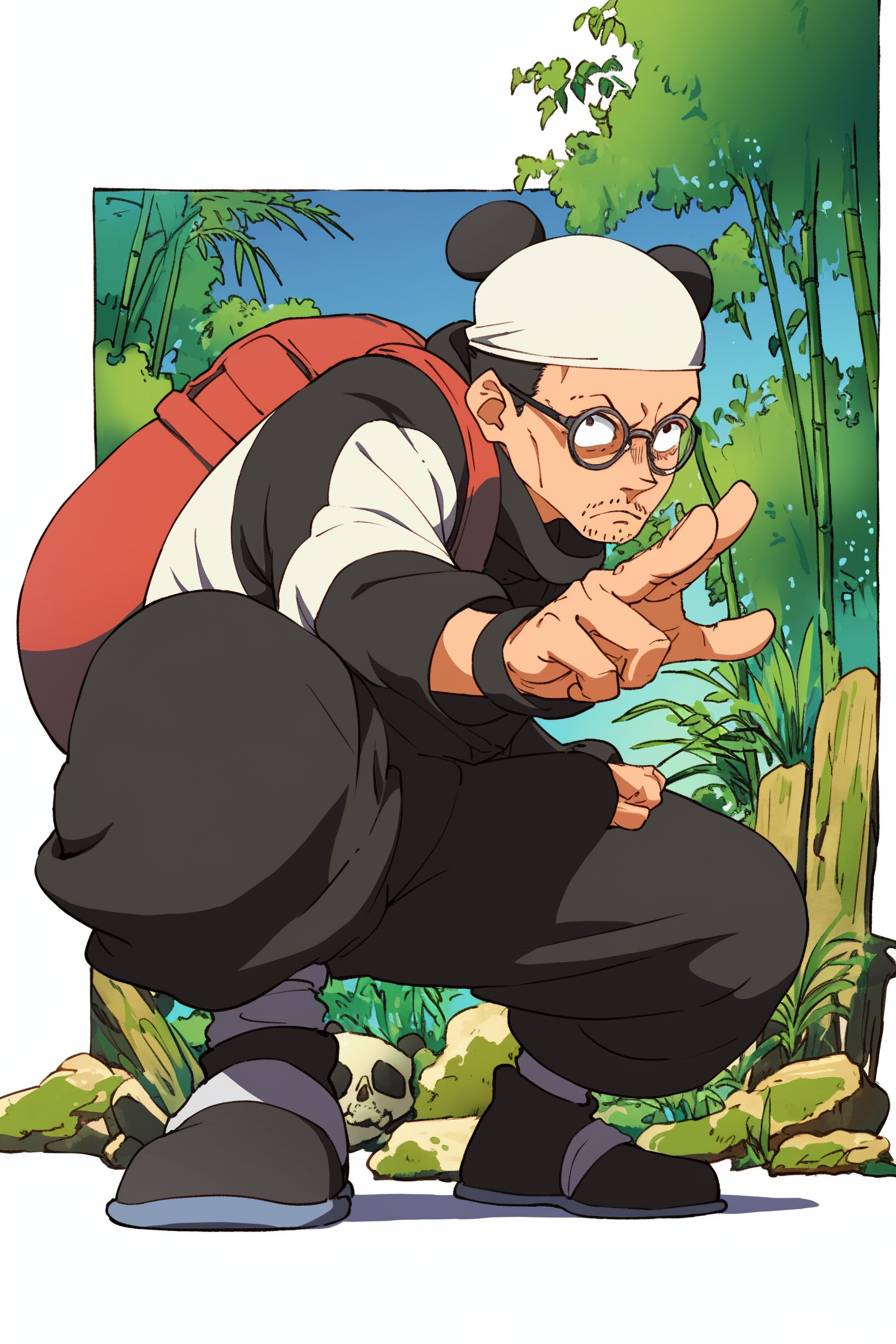 Seth Rogen cosplaying as Panda from Jujutsu Kaisen in a black and white outfit, striking a playful pose in a cursed forest.