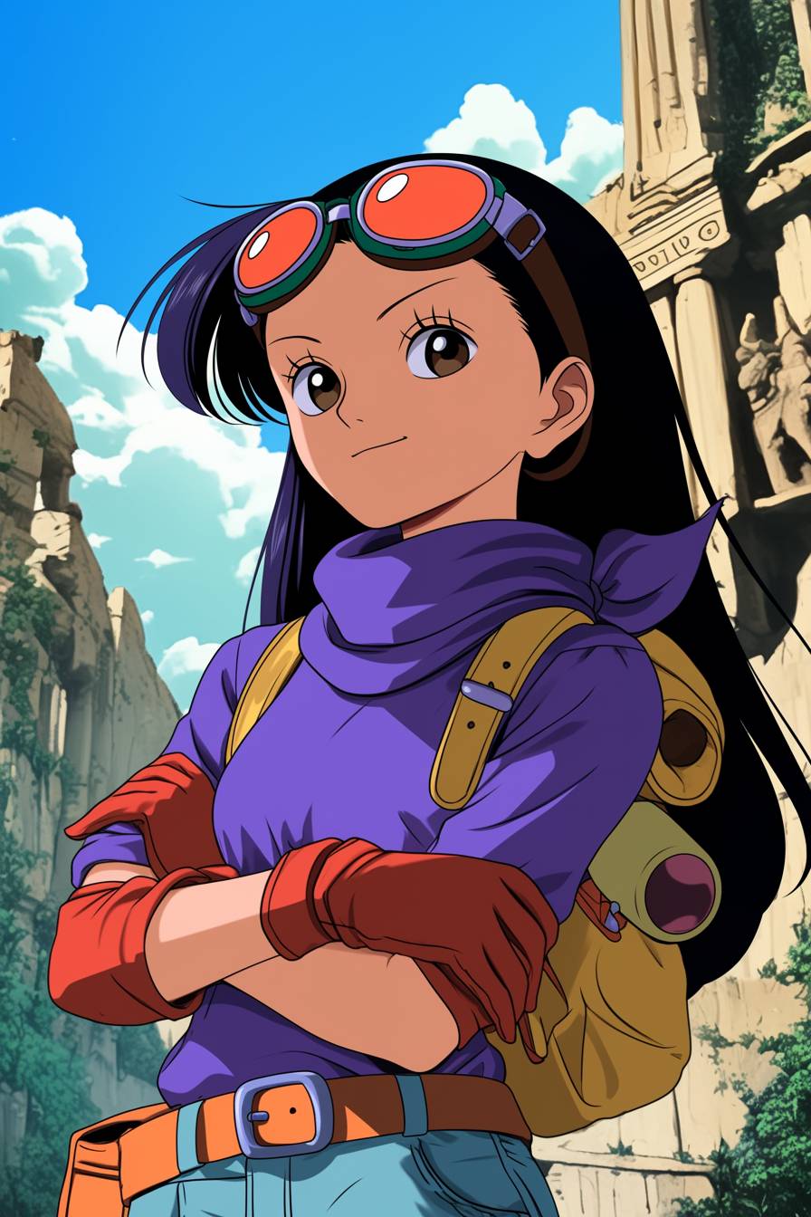 Zoë Kravitz cosplays as Nico Robin from One Piece, wearing a purple outfit with crossed arms in front of ancient ruins.