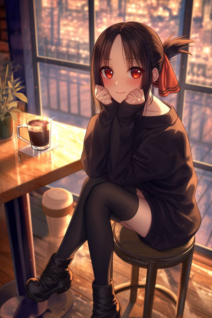 Kaguya Shinomiya is dressed in Ariana Grande's everyday look with a high ponytail, oversized sweatshirt, and thigh-high boots, sitting in a cozy café.