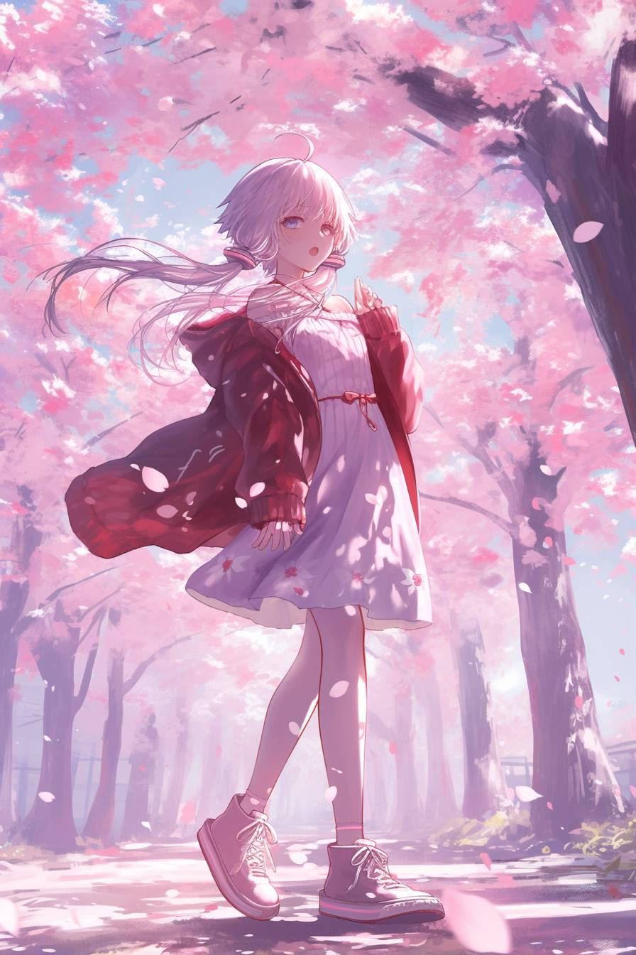 Yuzuki Yukari from Vocaloid wears Sophie Turner's soft style, singing under a cherry blossom tree.