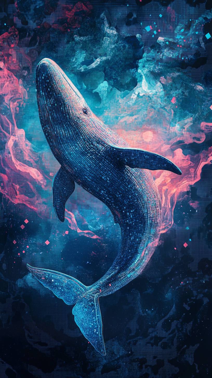 A holographic whale swimming through a digital ocean with pixelated waves of soft blues fading into vibrant pinks.