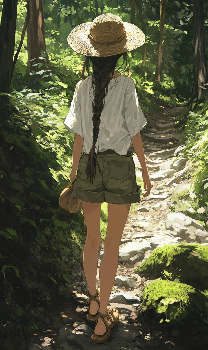 Ein natürliches Anime-Mädchen mit langen Haaren, das ein weißes Leinenhemd und olivgrüne Cargo-Shorts in einem ruhigen Waldweg trägt.