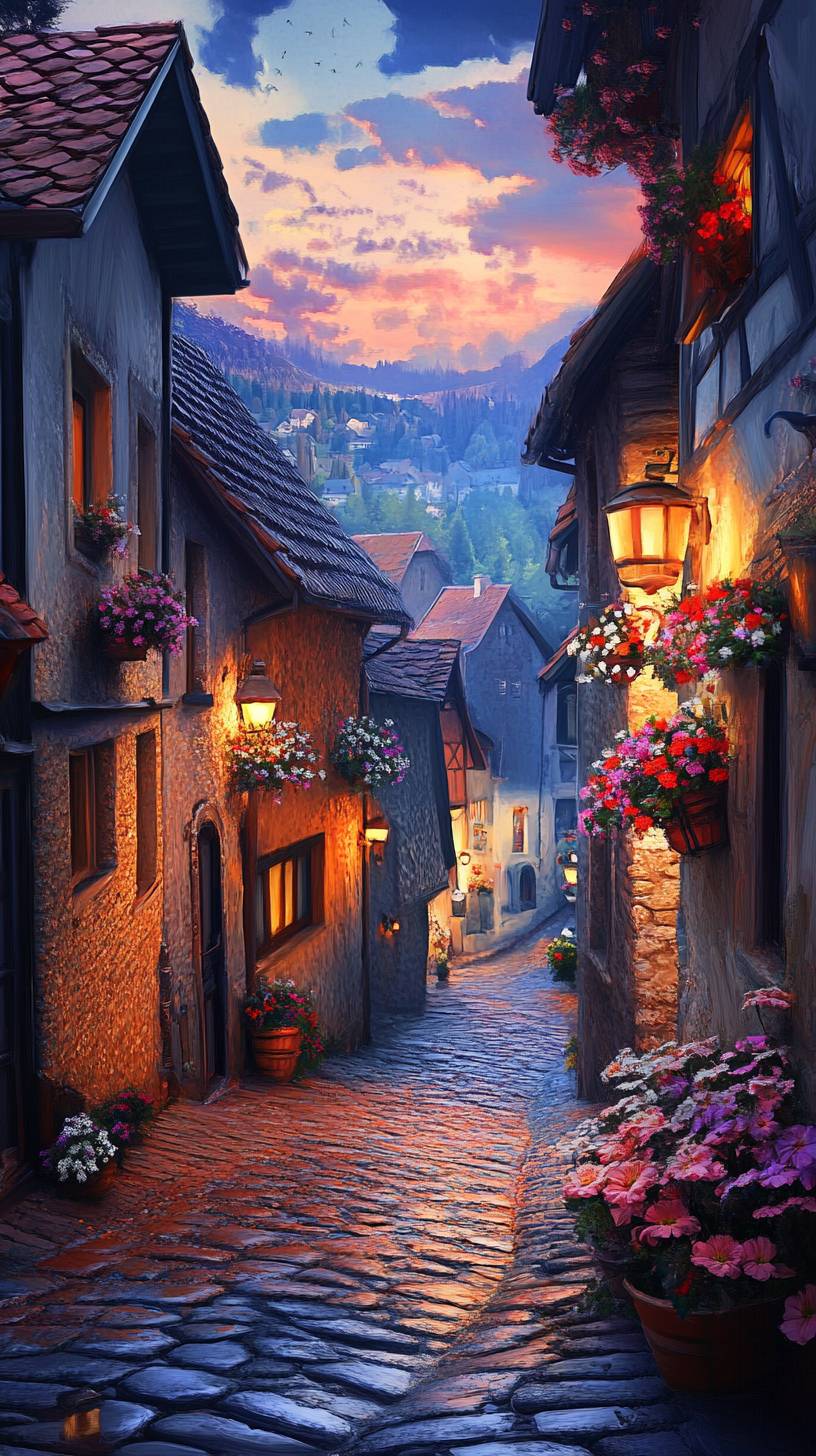 Charming cobblestone street with flower baskets at dusk.