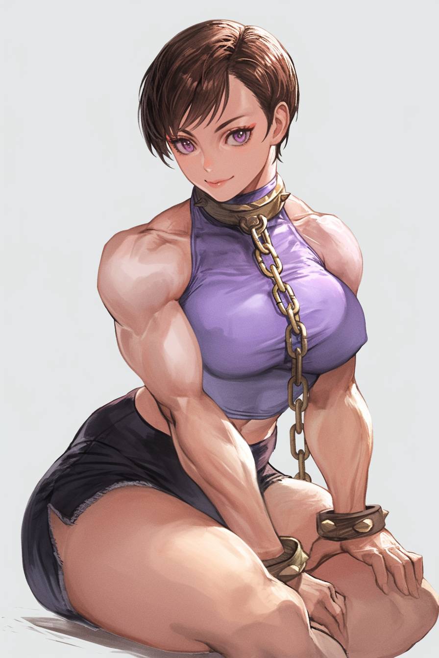 Uma bela Chun-Li em um estilo de Yoji Shinkawa, vestindo shorts e uma camiseta, com olhos roxos claros e cabelo curto escuro com franja, em pose sentada, correntes ao redor do pescoço, fundo cinza, em cores completas.