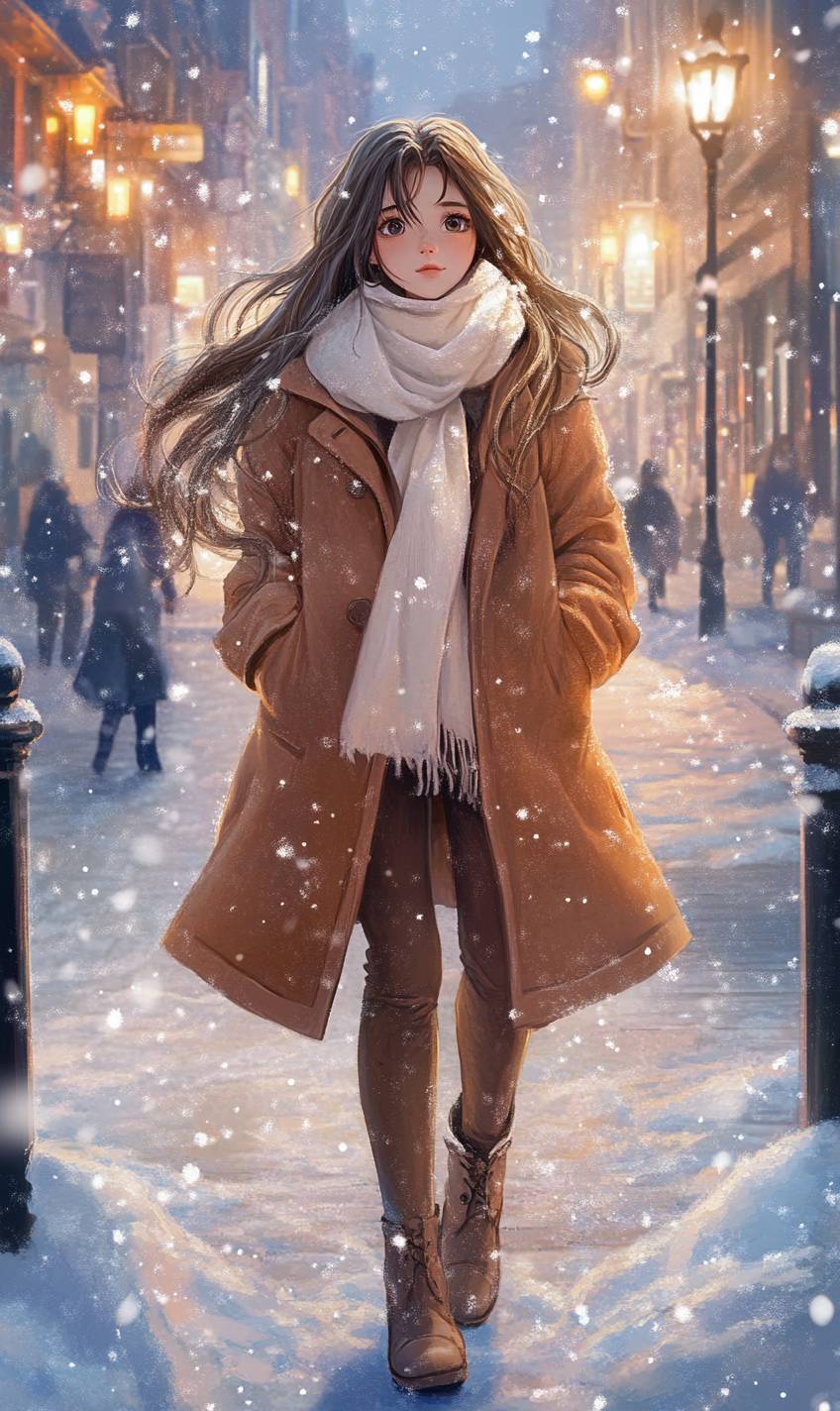 Une douce fille d'anime avec un manteau en laine camel, une écharpe blanche, un pantalon taille haute et des bottines, devant une rue enneigée.