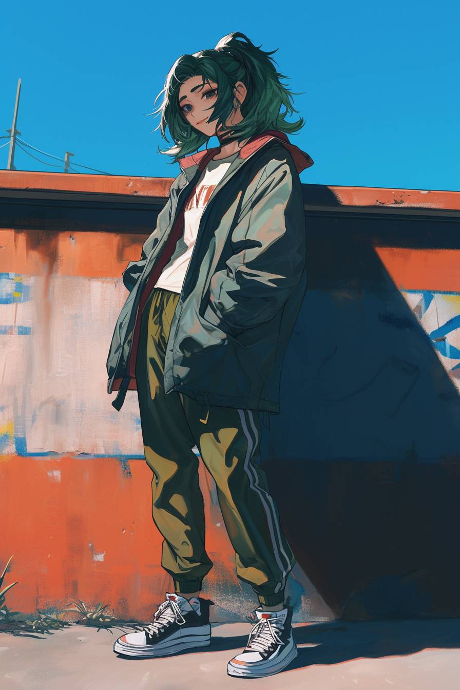 Ein anime-inspirierter Charakter, inspiriert von Maki Zenin aus Jujutsu Kaisen, mit dunkelgrünen Haaren, in einer sportlichen Jacke, Cargo-Hosen und hohen Sneakers, posiert selbstbewusst vor einer sauberen Kohlenwand.