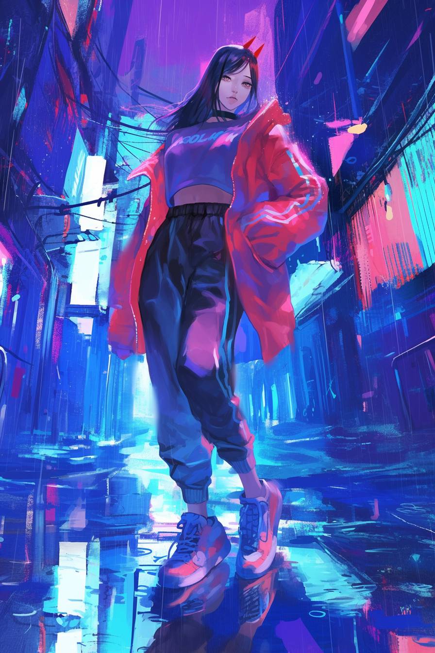 Power de Chainsaw Man porte les vêtements décontractés brillants de Cardi B, un survêtement lumineux et des baskets chunky, marchant dans une ruelle néon.