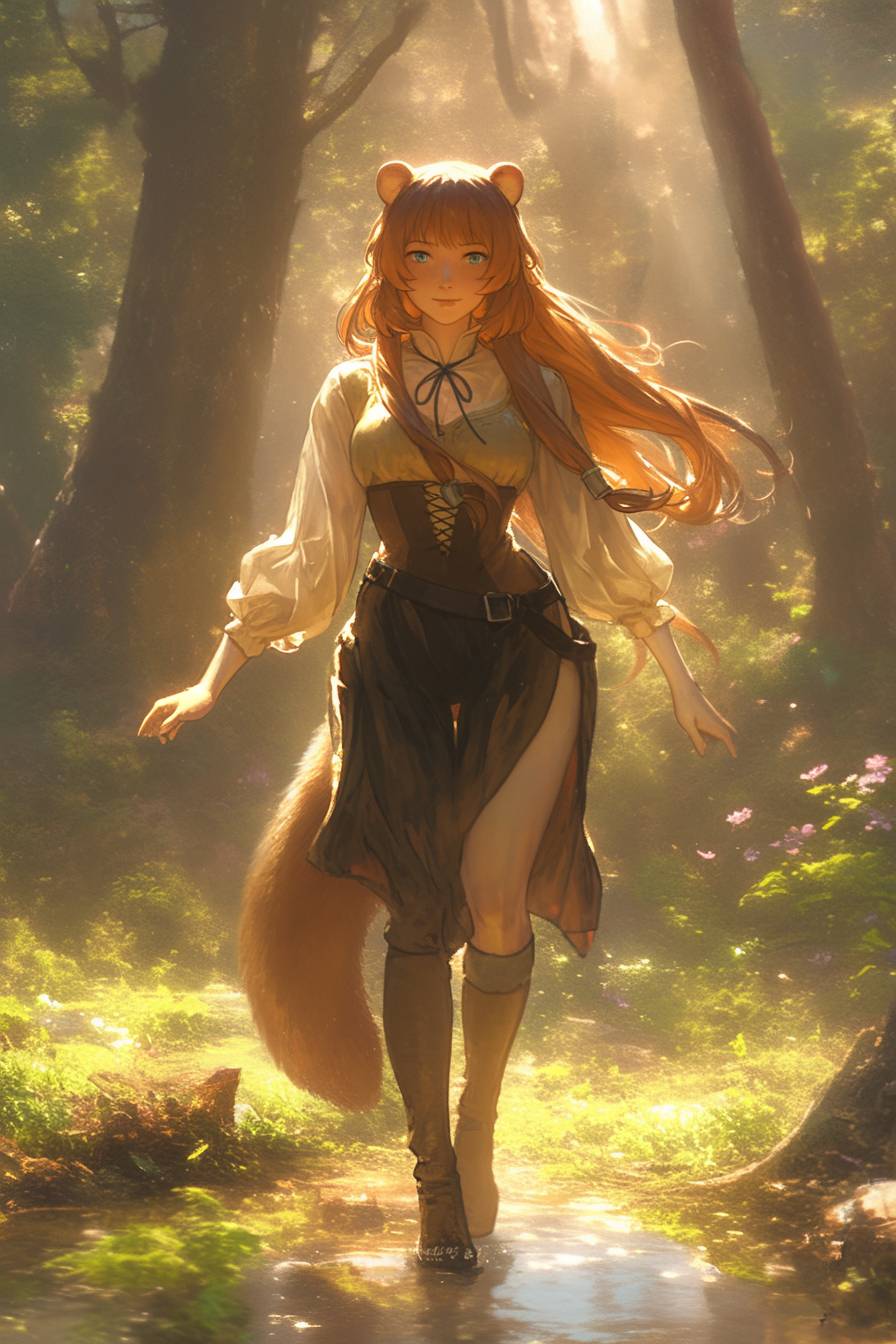 Raphtalia is wearing Emma Watson's everyday elegance while walking through a forest clearing.