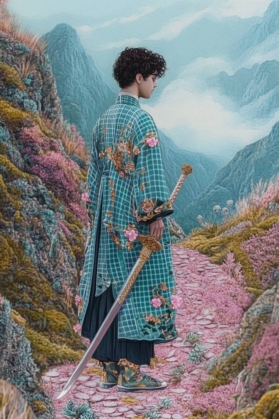 Shawn Mendes is cosplaying as Tanjiro Kamado from Demon Slayer, wearing a green checkered haori and holding a sword on a misty mountain path.