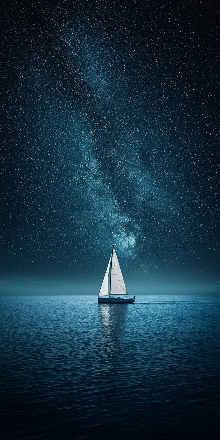 Um veleiro solitário flutua em um mar calmo sob um céu estrelado.