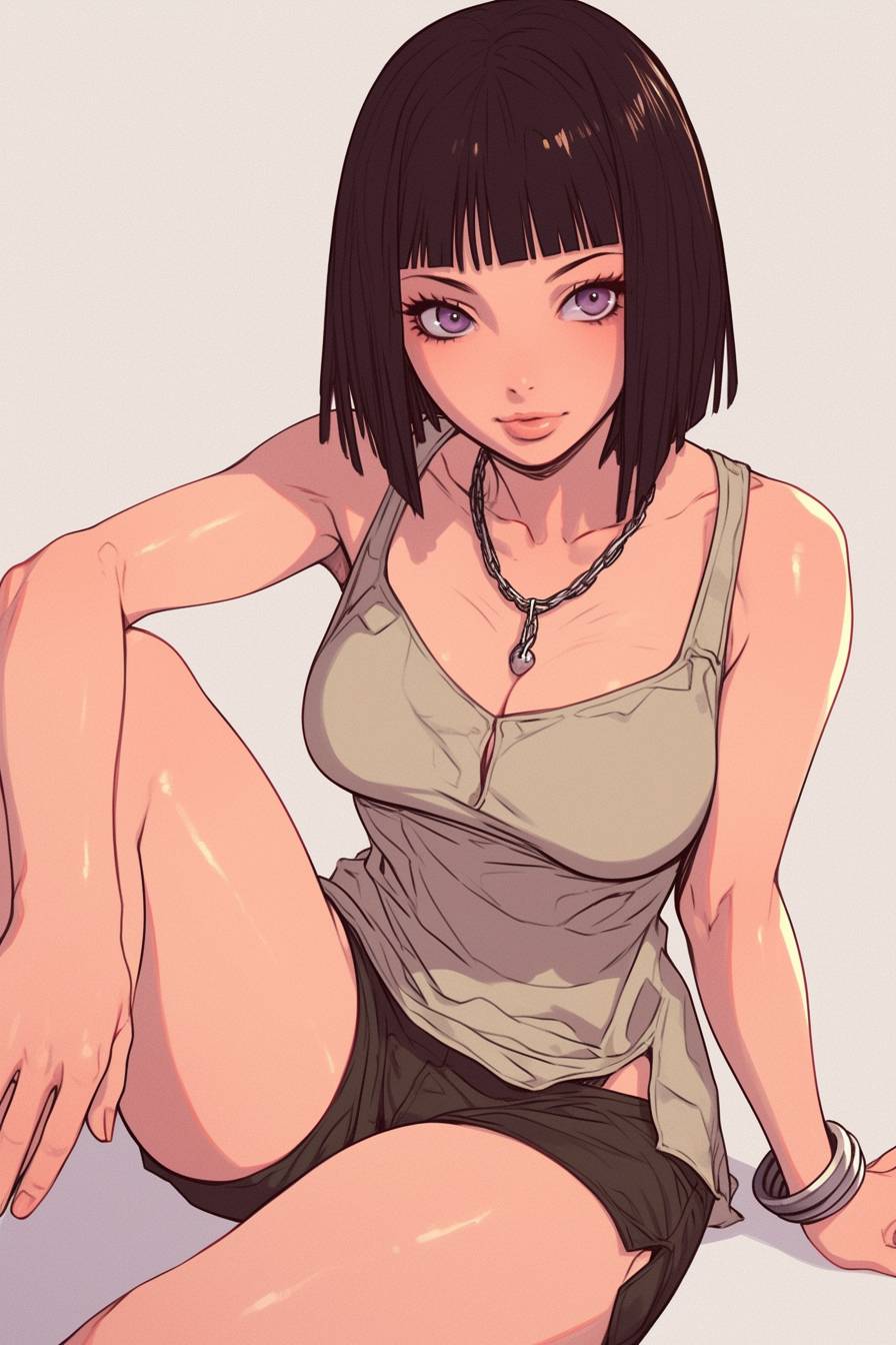 Une belle Tsunade en shorts et débardeur, avec des yeux violet clair et une coupe courte, assise avec des chaînes autour du cou sur un fond gris.