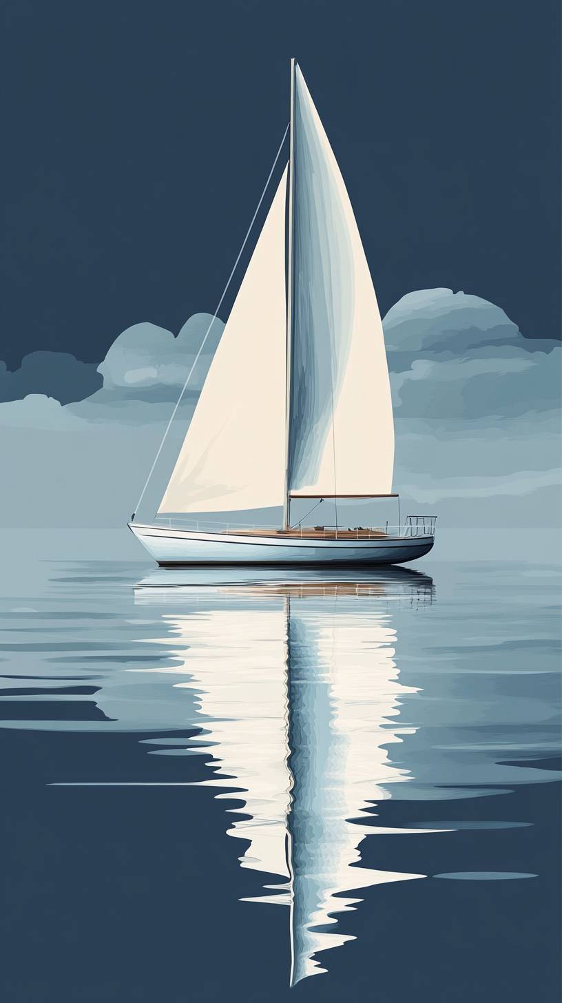 Single sailboat drawing in muted navy tones with a flat design